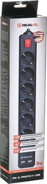 Фильтр-удлинитель REAL-EL RS-PROTECT USB с заземлением 6 гн. черный 3 м RS-6 PROTECT USB, 3m, black (R 
