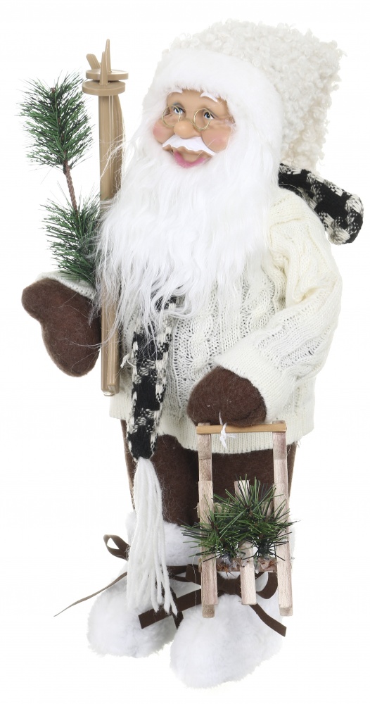 Декоративная новогодняя фигура Санта лесной с лыжами бело-коричневый 40 см
