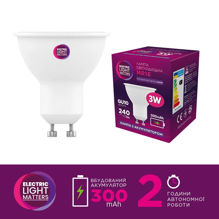 Лампа светодиодная ELM с аккумулятором 3 Вт MR16 GU10 220 В 4000 К 18-0197