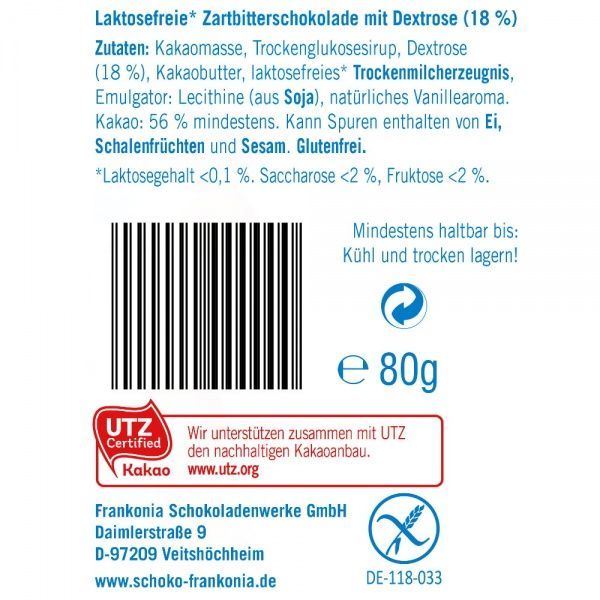 Шоколад Frankonia Zartbitter Черный без лактозы с декстрозой 80 г