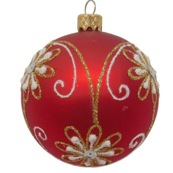 Шар новогодний d80 красный с белым рисунком 9572/4415 