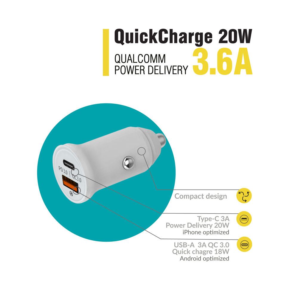 Адаптер автомобильный Piko CC-302QP (USB A+USB C/20W) белый