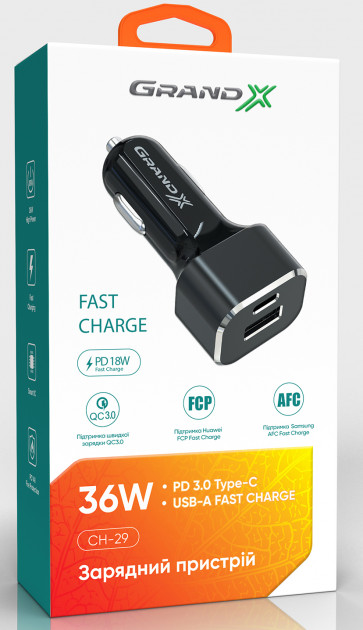 Автомобильное зарядное устройство Grand-X CH-29 36W QС3.0