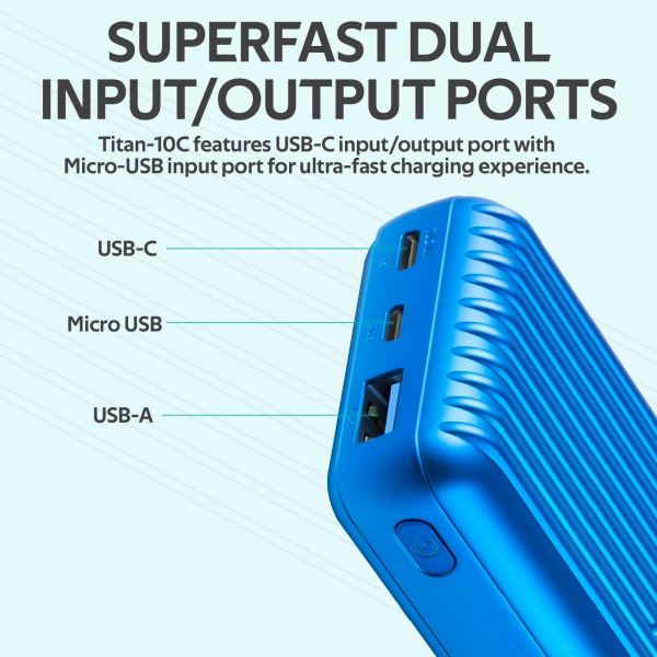 Универсальная мобильная батарея Promate 10000 mAh blue (titan-10c.blue) Titan-10C 10000 мАч, USB-C, USB-A 