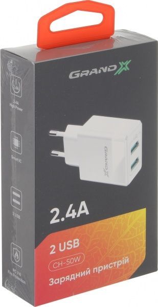 Зарядное устройство Grand-X CH-50W 2USB 5V 2,4A White