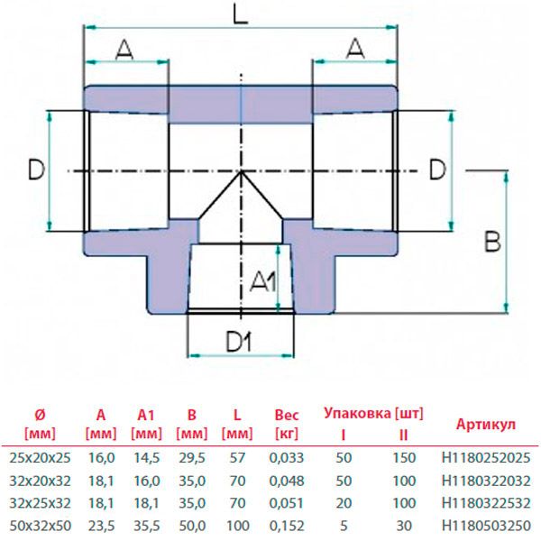 Тройник переходной Hi-Therm для ПП труб 50x32x50 мм