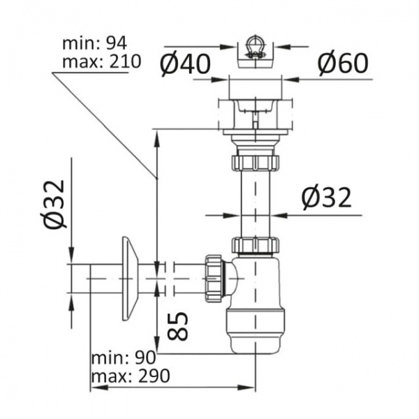 Сифон для умывальника Imprese SWD290180032 выпуск 32 мм колбовый