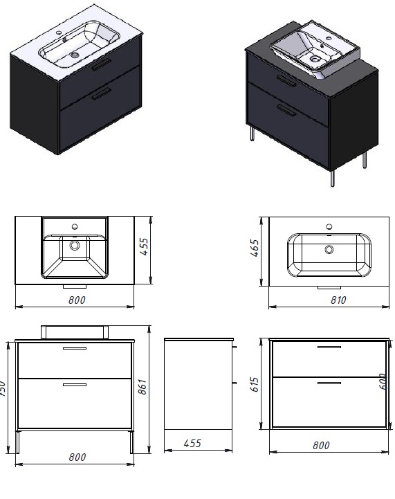 Тумба ЮВЕНТА Afina 80 см антрацит + Дуб Вотан под столешницу или умывальник Piedra 80