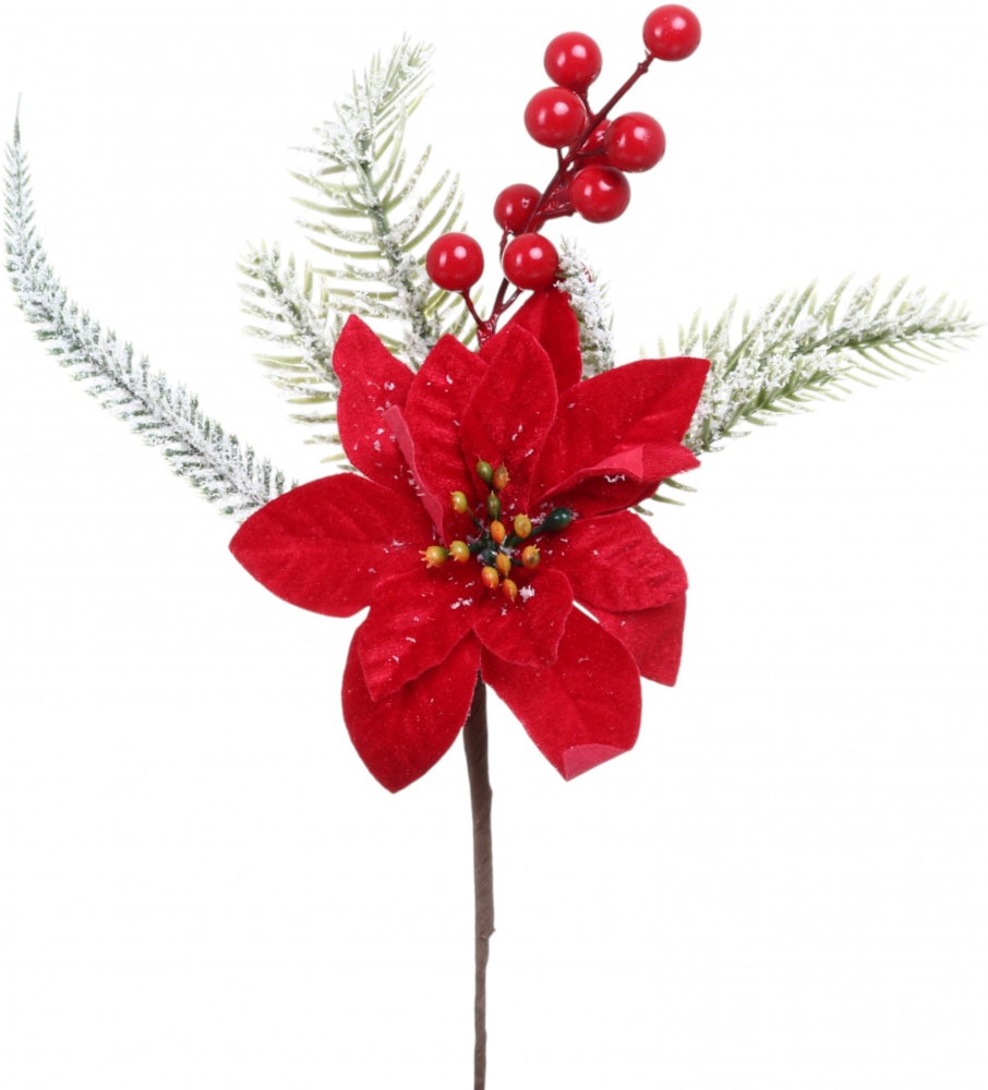 Квітка декоративна пуансетія з хвоєю і ягодами 30 см червоний