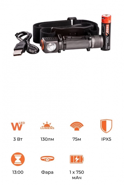 Фонарь налобный Thorgeon 3W 130Lm