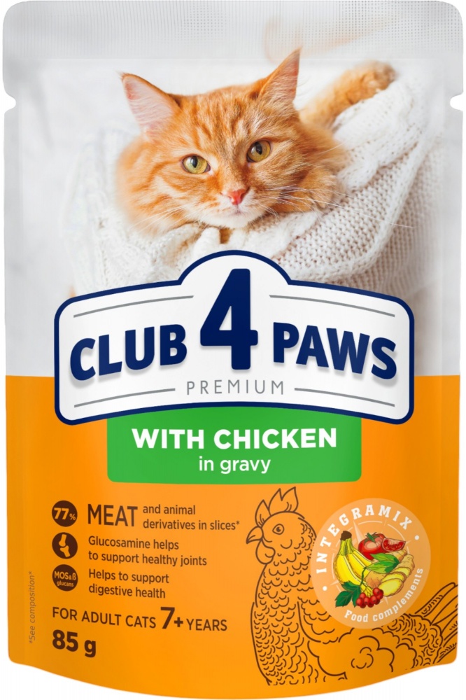 Корм вологий для котів віком від 7 років Club 4 Paws з куркою в соусі 85 г