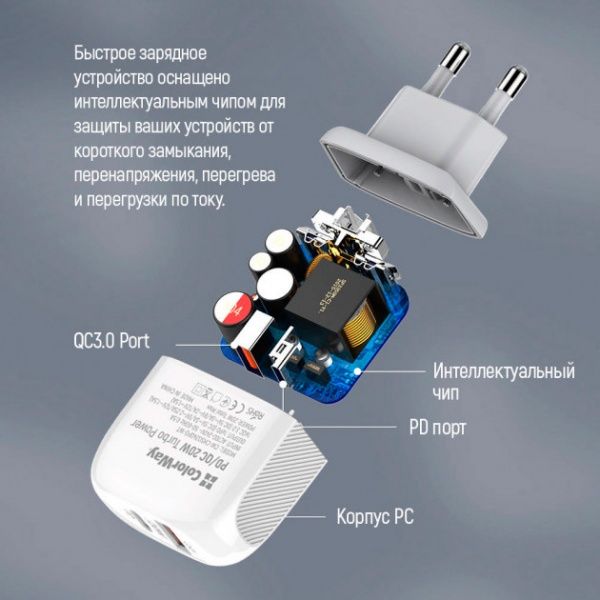 Сетевое зарядное устройство ColorWay (Type-C PD + USB QC3.0) 3.0А 20W