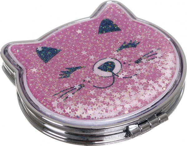 Зеркало карманное косметическое Лідер Канц Котик с сыпучими блестками фигурное 12 вариантов в ассортименте 