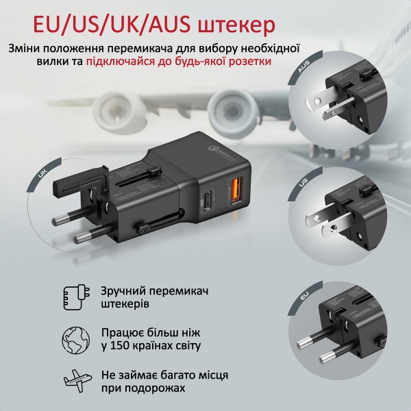 Сетевое зарядное устройство Promate TriPlug-PD20 USB-C PD+USB-A QC и EU/US/UK/AUS штекер Black (triplug-pd20.black) 