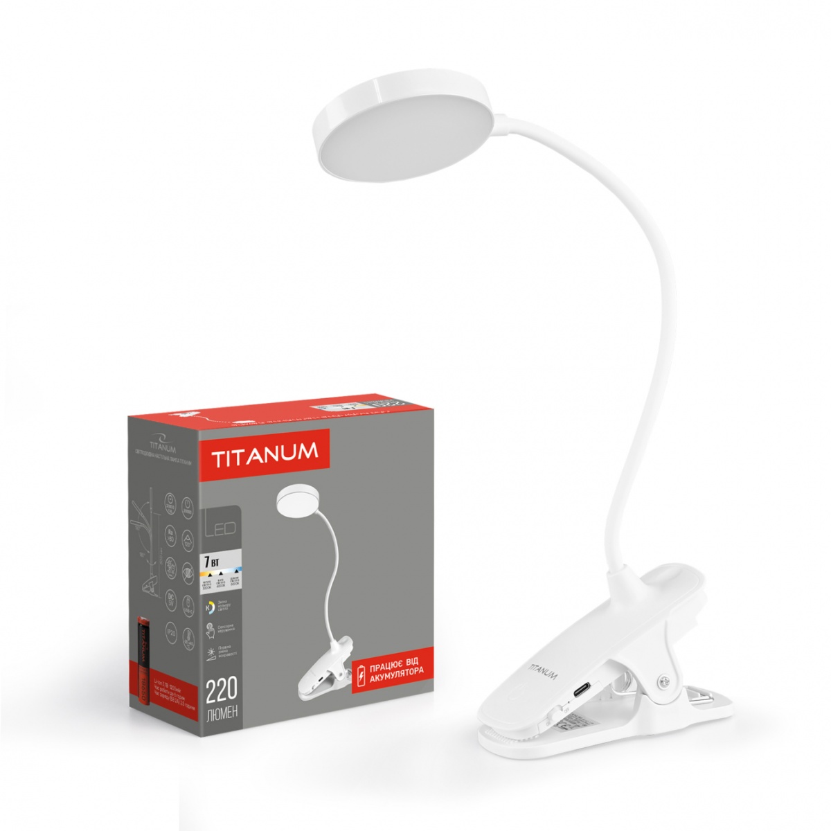 Настільна лампа акумуляторна TITANUM LED 013W 1x7 Вт білий 28344 — фото 1