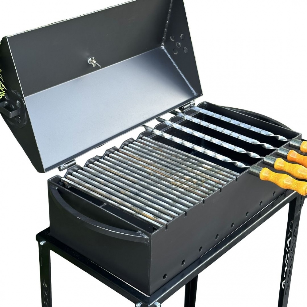 Мангал-барбекю Metalzavod с термометром и разборной дровницей на 9 шампуров 4 мм