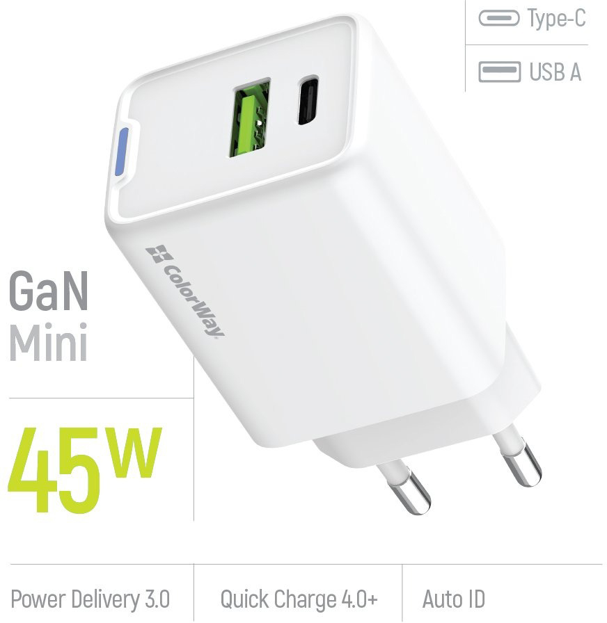 Мережевий зарядний пристрій ColorWay GaN Mini 45W PD Port PPS USB (Type-C PD + USB QC4.0) білий (CW-CHS060PD-WT)