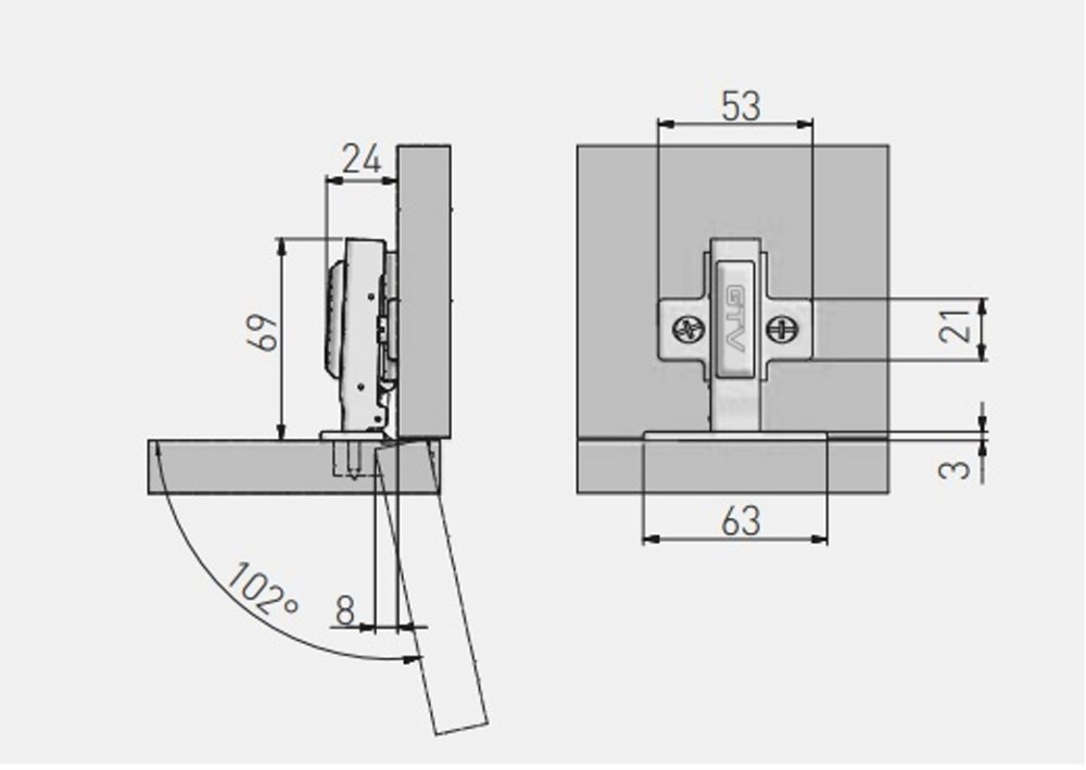 Петля накладная GTV 102° Clip-On Prestige с доводчиком ZM-ECHC09BEO