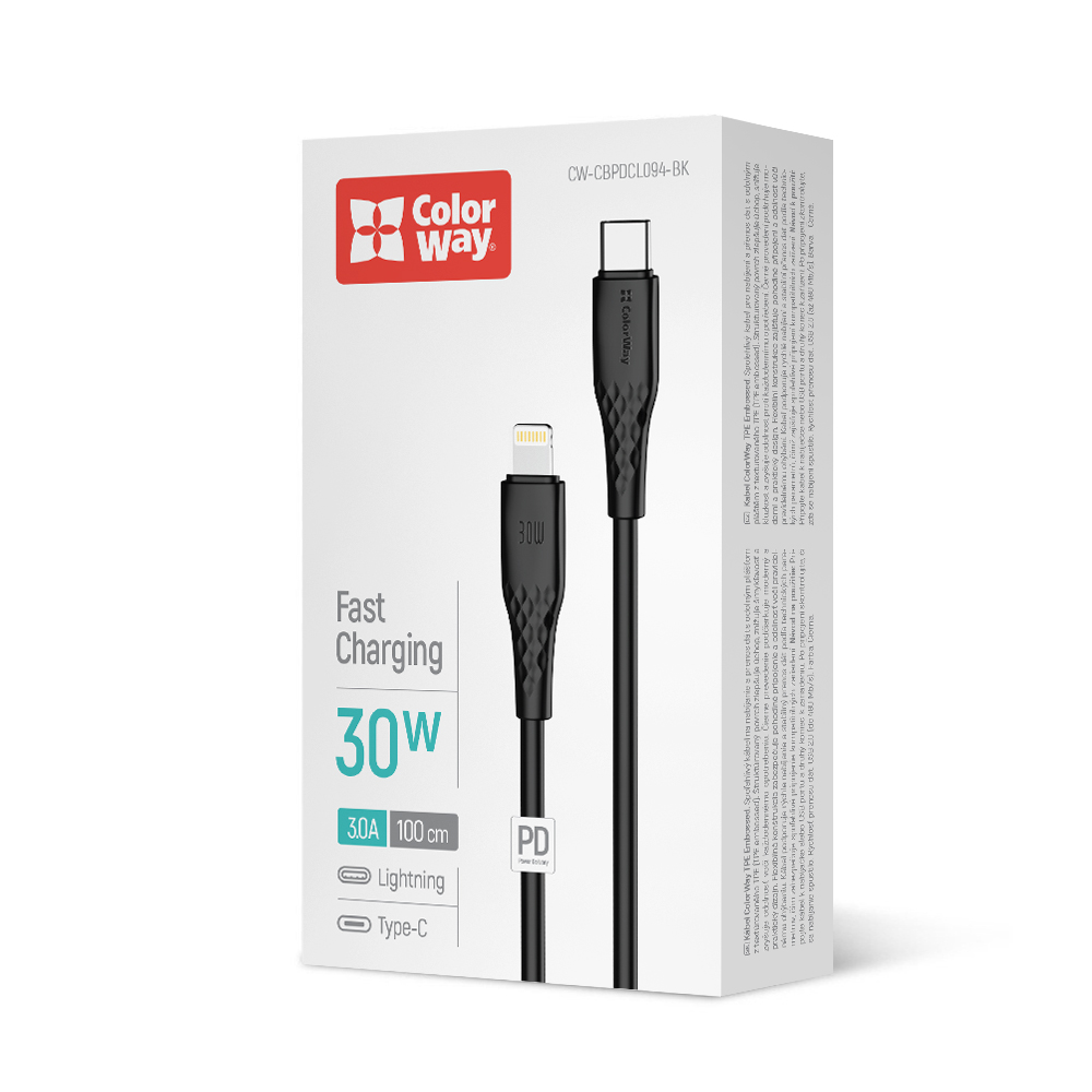 Дата-кабель ColorWay Type-C - Apple Lightning (textured PVC) (PD Fast Charging 30W) 1 м black (CW-CBPDCL094-BK) — фото 1