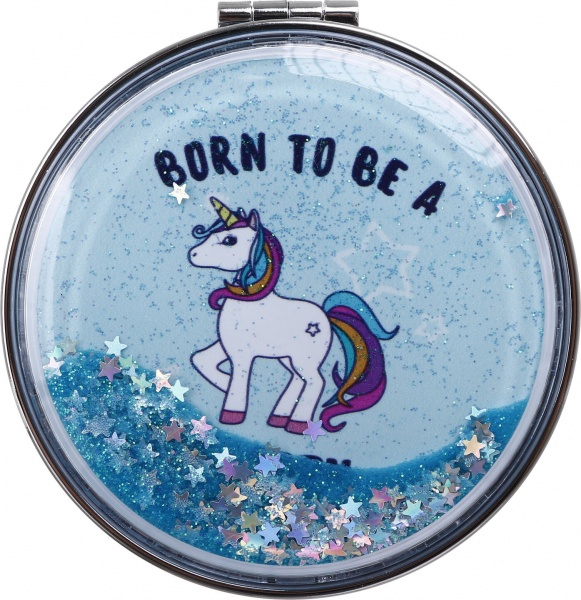 Зеркало карманное косметическое Лідер Канц Единорог с сыпучими блестками круглое 12 вариантов в ассортименте 