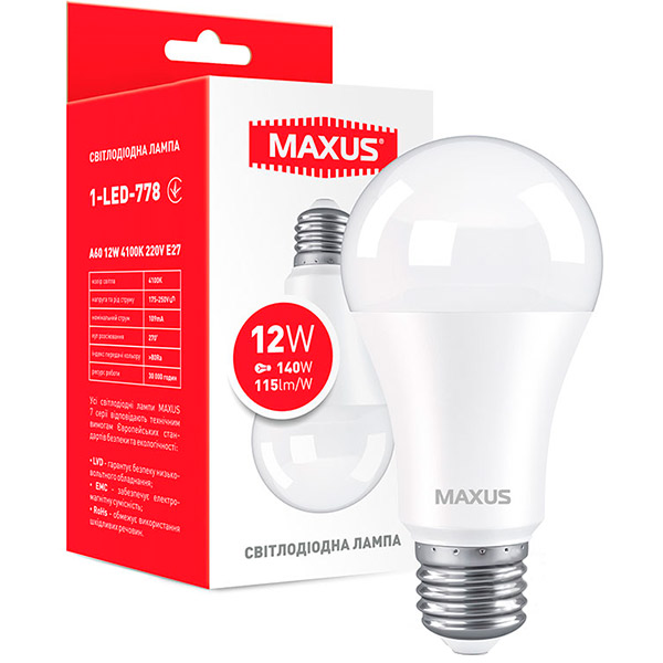 Лампа светодиодная Maxus 12 Вт A60 матовая E27 220 В 4100 К 1-LED-778 