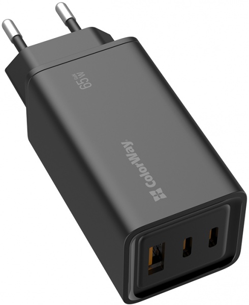 Зарядное устройство ColorWay GaN3 Pro Power Delivery (USB-A + 2 USB TYPE-C) (65W) black (CW-CHS039PD-BK) 