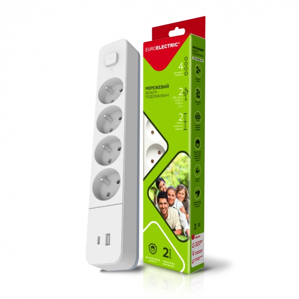 Удлинитель с выключателем Euroelectric с заземлением 4 гн. белый 2 м EE-104USB/C-2M