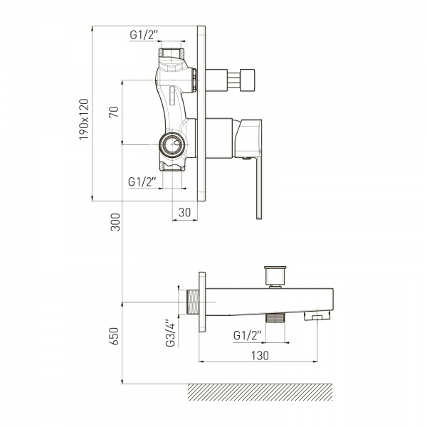 Смеситель для ванны/душа VOLLE Sota 1538.100301 с изливом для ванны