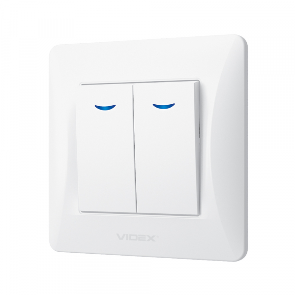 Выключатель двухклавишный Videx Binera с подсветкой белый VF-BNSW2L-W