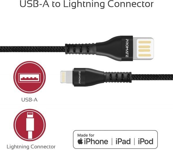 Кабель Promate Lightning – USB 1,2 м чорний (vigoray-i.black) 