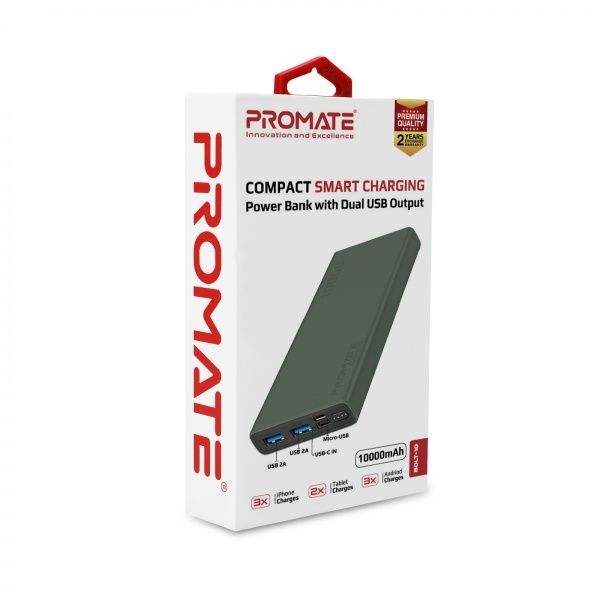 Внешний аккумулятор (Powerbank) Promate Bolt-10 10Вт 2xUSB 10000 mAh green (bolt-10.midnightgreen) 