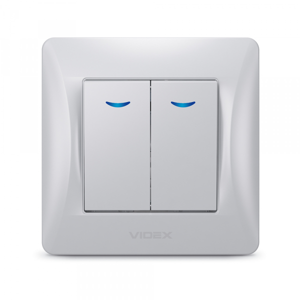 Вимикач двоклавішний Videx Binera з підсвіткою срібний шовк VF-BNSW2L-SS