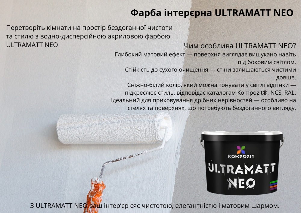 Фарба інтер'єрна акрилова Kompozit ULTRAMATT NEO глибокий мат білий 14кг