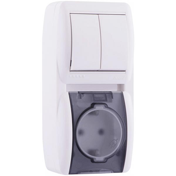 Розетка + вимикач із заземленням Lezard Nata вертикальна 710-0200-173 без шторок з кришкою білий