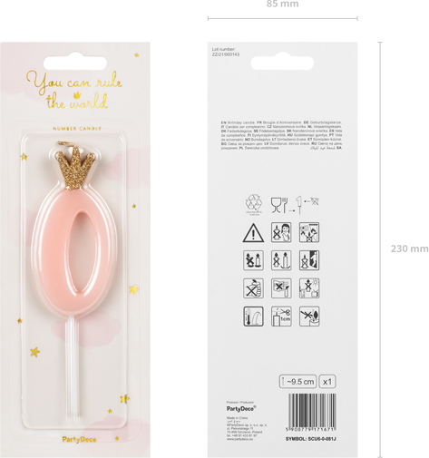 Свічка для торта Partydeco цифра 0 пастель рожева 9,5 см (SCU6-0-081J)