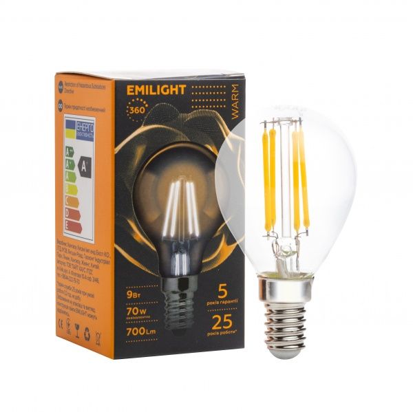 Лампа светодиодная Emilight FIL CL G45 9 Вт E14 3000 К 220 В прозрачная 