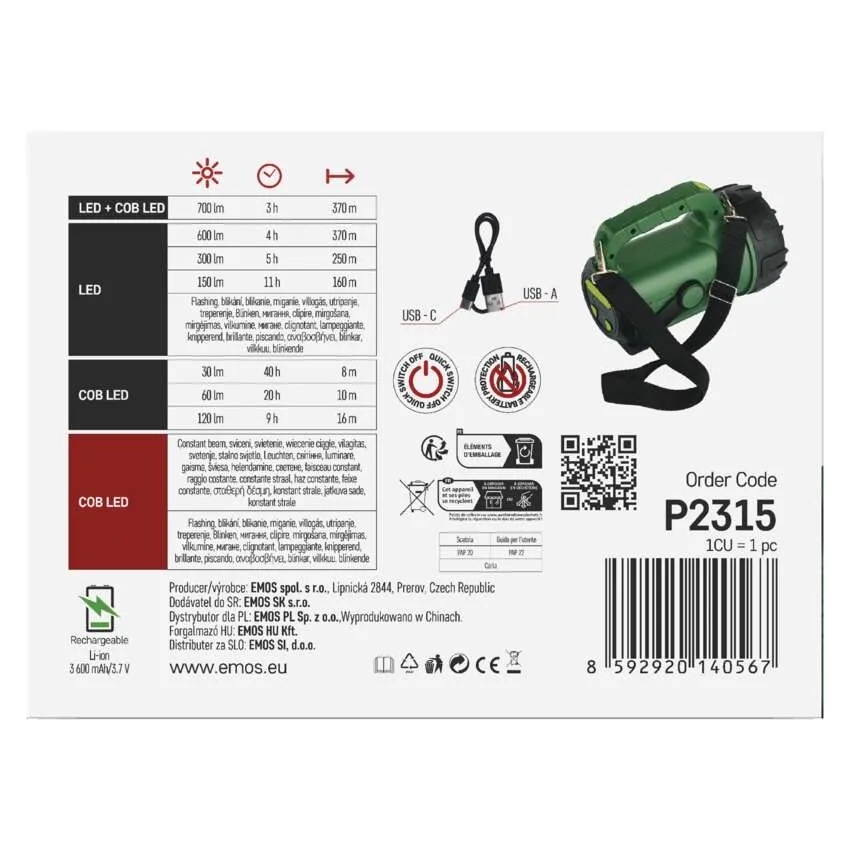 Фонарь Emos LED 3600 mAh 700 Lm зелено-черный P2315