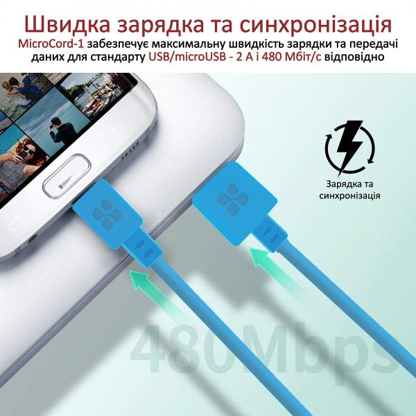 Кабель Promate MicroCord-1 USB-microUSB 2А 1,2 м синий (microcord-1.blue) 