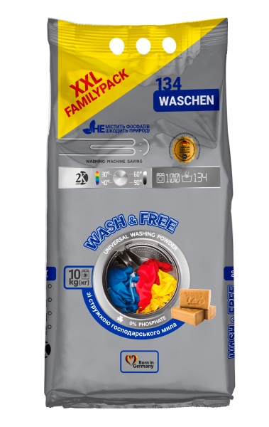 Порошок для машинного та ручного прання Wash&Free універсальний 10 кг 