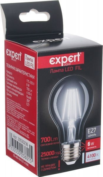 Лампа світлодіодна Expert FIL А50 6 Вт E27 4100 К 250 В прозора 