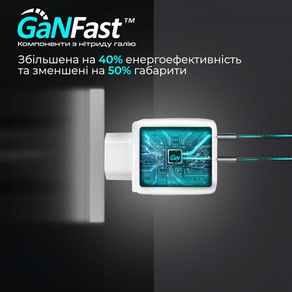 Мережевий зарядний пристрій Promate PowerPort-65 Вт, 2хUSB-C Power Delivery white 