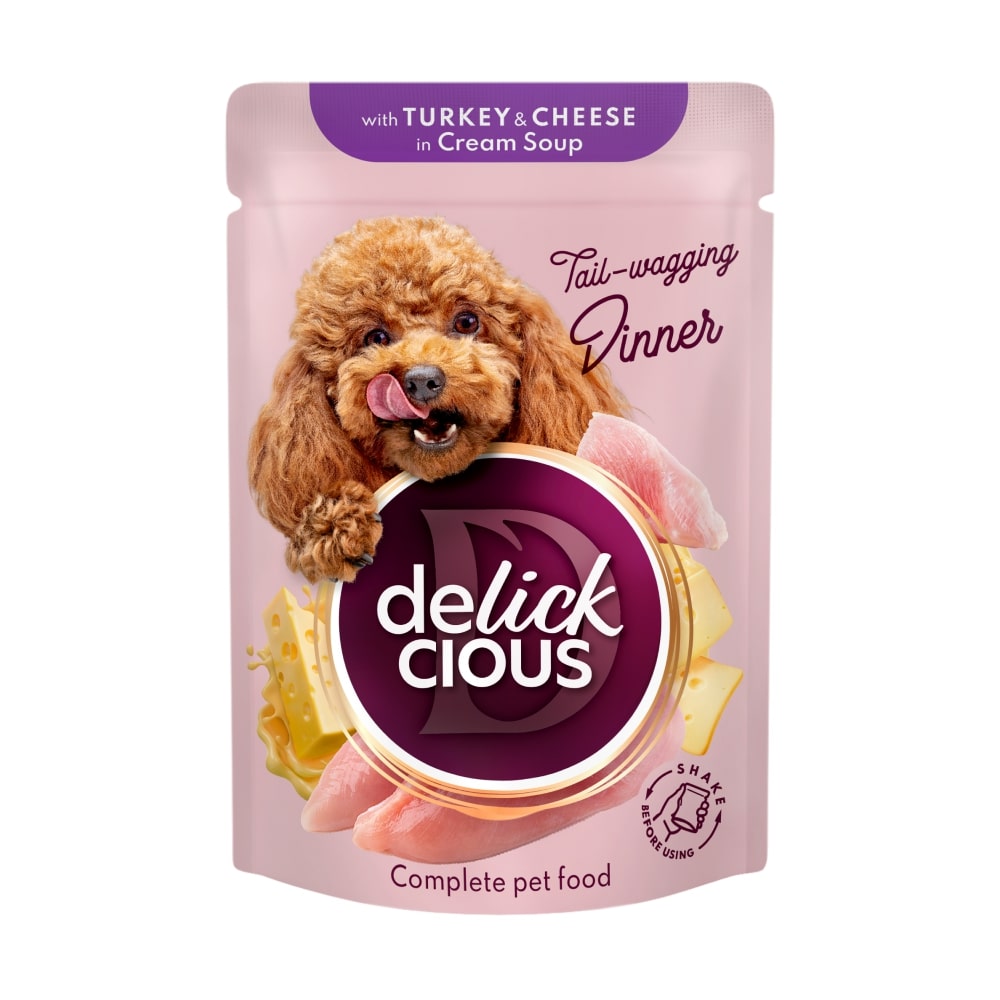 Корм вологий DELICKCIOUS «Смужки з індичкою та сиром в крем-супі».