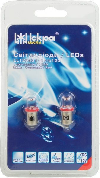 Лампа светодиодная Iskra красная BA9S 12 В 2 шт