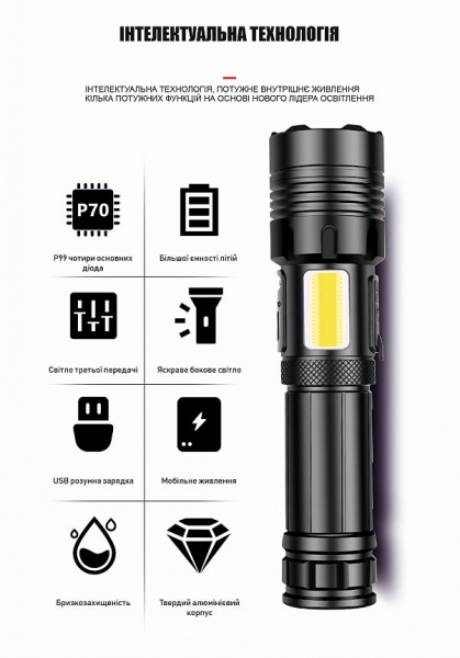Ліхтар Quantum QM-FL1035 Perfect 5WLED zoom +3WCOB з функцією Power Bank Li-ion18650/2600mAh bох чорний