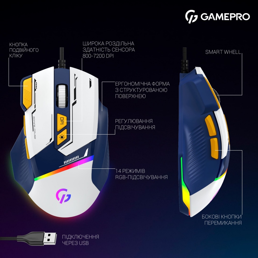Мишка GamePro white/blue (GM300BL)