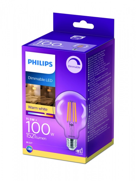 Лампа светодиодная Philips FIL DIM G95 11,5 Вт E27 2700 К 220 В прозрачная 929002429666 