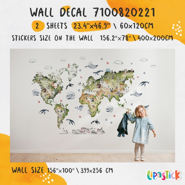 Наклейка Lipastick Детская карта EN с животными 200x120 см