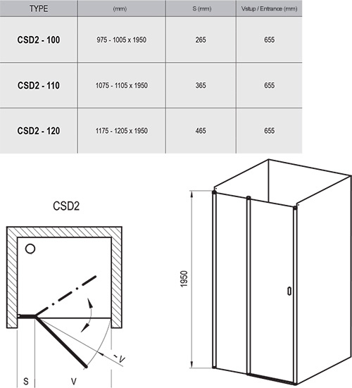 Душові двері CSD2-100 bright alu+Transparent_