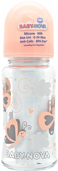 Бутылочка BABY-NOVA стеклянная Декор с широким горлом цвет для девочки 230 мл