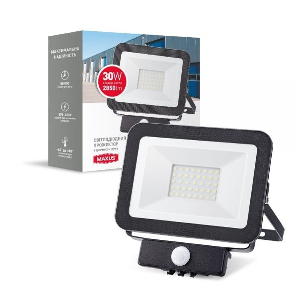 Прожектор с датчиком движения Maxus LED 30 Вт IP65 черный 1-MFL-01-3050s 